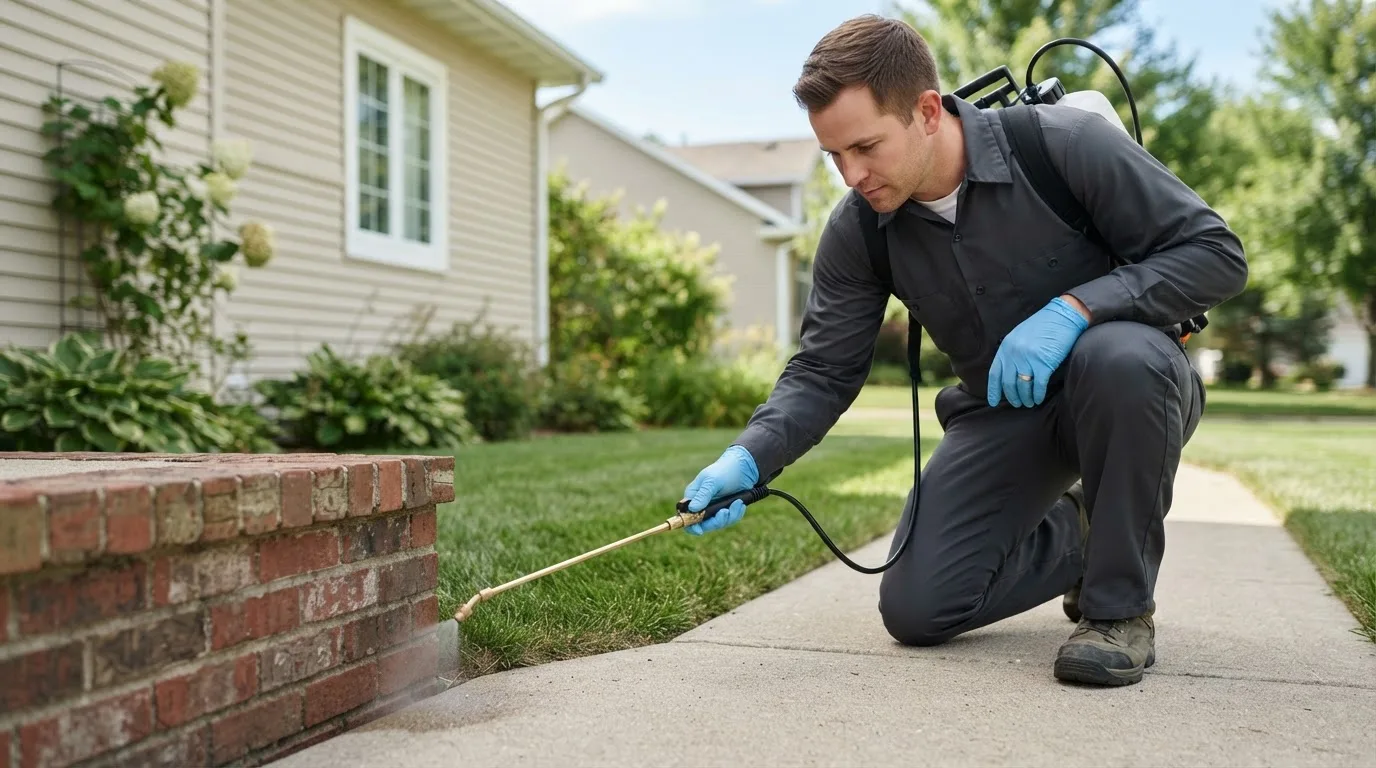 Pest control technician treating a home near Odenton, MD